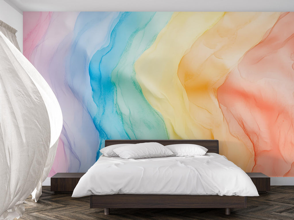 Pastel Rainbow Wall Mural – Abstract Watercolor Peel and Stick Wallpaper – Soft Gradient Removable Mural for Bedroom or Nursery Decor