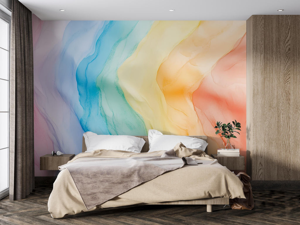 Pastel Rainbow Wall Mural – Abstract Watercolor Peel and Stick Wallpaper – Soft Gradient Removable Mural for Bedroom or Nursery Decor