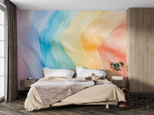 Load image into Gallery viewer, Pastel Rainbow Wall Mural – Abstract Watercolor Peel and Stick Wallpaper – Soft Gradient Removable Mural for Bedroom or Nursery Decor