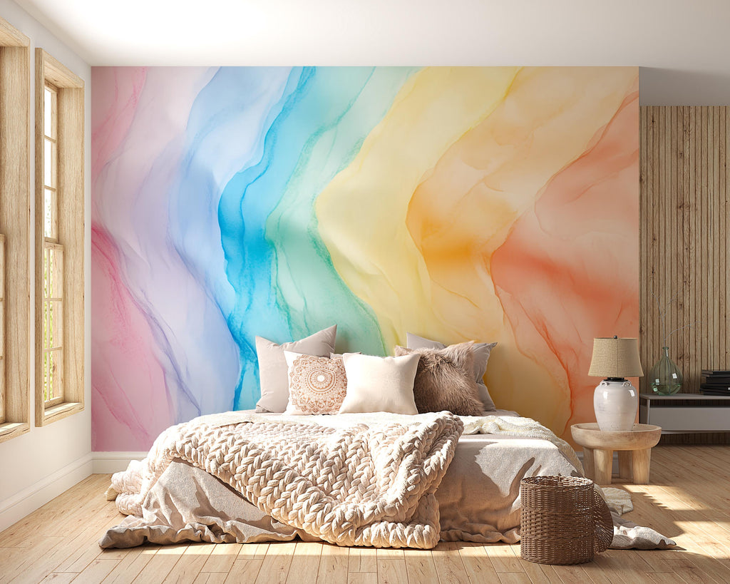Pastel Rainbow Wall Mural – Abstract Watercolor Peel and Stick Wallpaper – Soft Gradient Removable Mural for Bedroom or Nursery Decor
