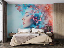 Load image into Gallery viewer, Surreal Woman Wall Mural – Abstract Floral Face Peel and Stick Wallpaper – Dreamy Removable Art Mural for Bedroom or Creative Spaces