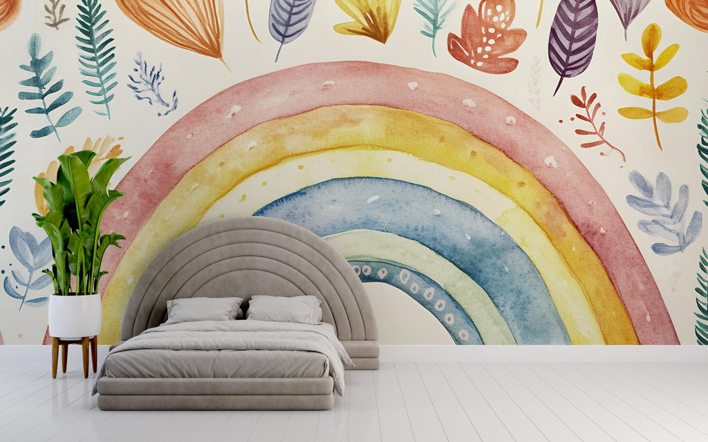Hand-Painted Rainbow Wall Mural – Watercolor Foliage Peel and Stick Wallpaper – Boho Removable Mural for Nursery or Bedroom Decor