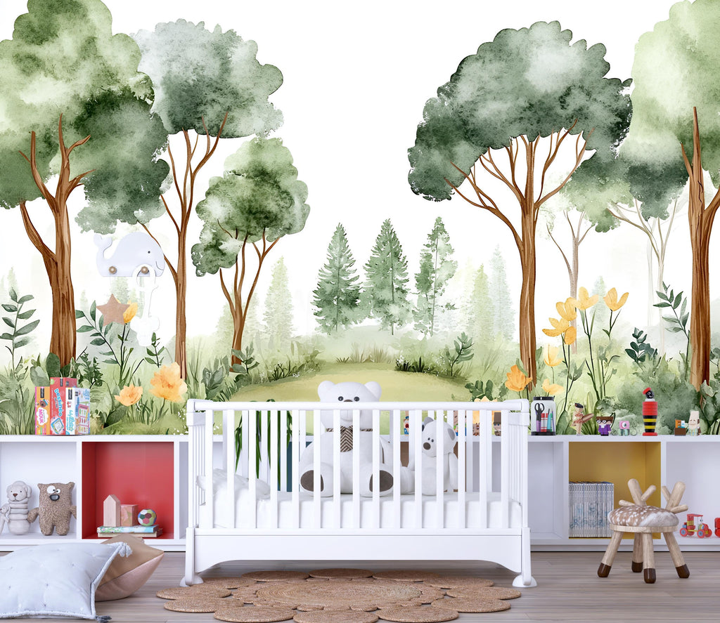 Forest Watercolor Nursery Mural – Calm Woodland Kids Wall Art – Nature Baby Shower, Birthday, or Holiday Gift