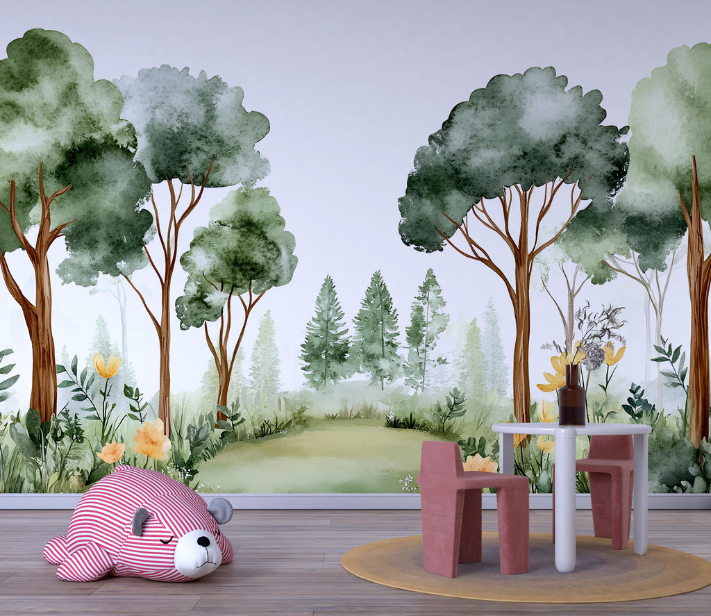 Forest Watercolor Nursery Mural – Calm Woodland Kids Wall Art – Nature Baby Shower, Birthday, or Holiday Gift