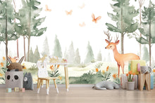 Load image into Gallery viewer, Woodland Deer Forest Nursery Mural – Watercolor Baby Room Wall Art – Holiday, Birthday, or Baby Shower Gift
