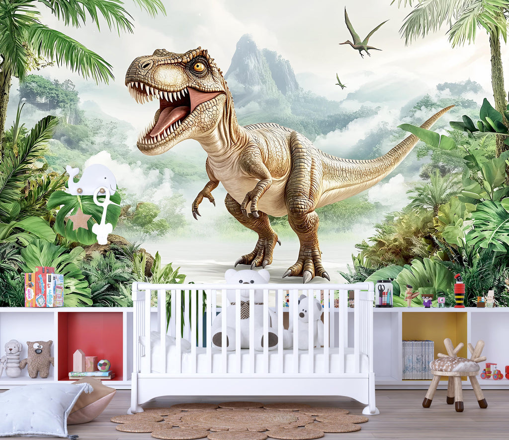 Dinosaur Wall Mural for Nursery – Realistic T-Rex Jungle Peel and Stick Wallpaper – Dino Theme Removable Mural for Kids Room Decor