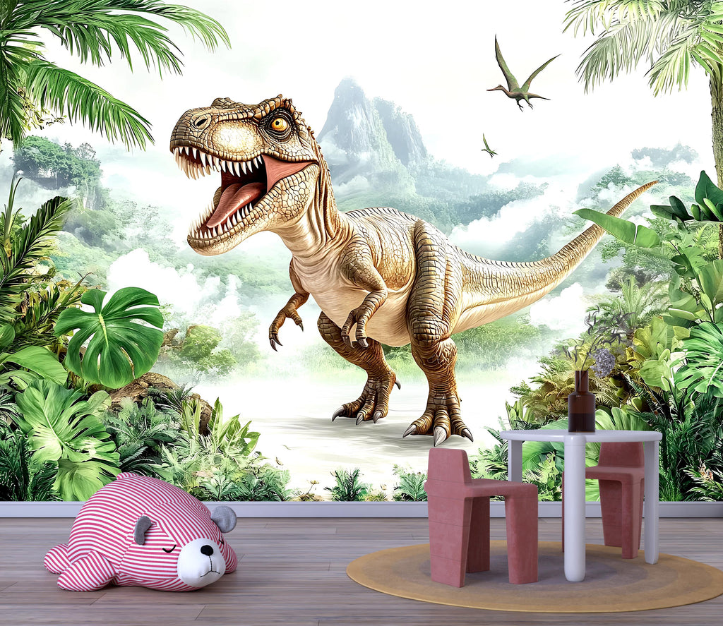 Dinosaur Wall Mural for Nursery – Realistic T-Rex Jungle Peel and Stick Wallpaper – Dino Theme Removable Mural for Kids Room Decor