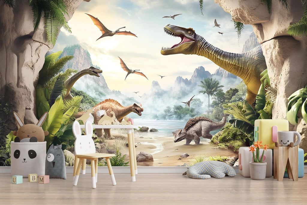 Dinosaur Wall Mural for Kids Room – Prehistoric Jungle Peel and Stick Wallpaper – Realistic Dino Landscape Removable Mural for Playroom