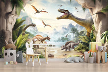 Load image into Gallery viewer, Dinosaur Wall Mural for Kids Room – Prehistoric Jungle Peel and Stick Wallpaper – Realistic Dino Landscape Removable Mural for Playroom