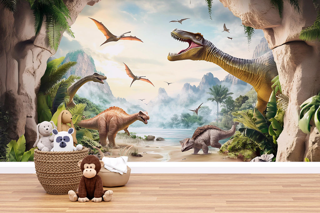 Dinosaur Wall Mural for Kids Room – Prehistoric Jungle Peel and Stick Wallpaper – Realistic Dino Landscape Removable Mural for Playroom