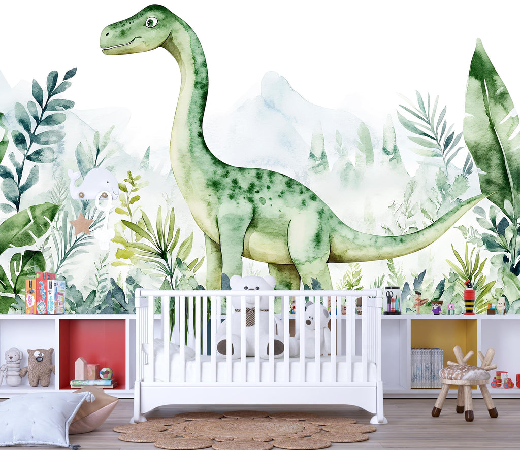 Watercolor Dinosaur Wall Mural – Cute Dino Peel and Stick Nursery Wallpaper – Jungle Baby Room Removable Mural for Kids Bedroom Decor