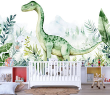 Load image into Gallery viewer, Watercolor Dinosaur Wall Mural – Cute Dino Peel and Stick Nursery Wallpaper – Jungle Baby Room Removable Mural for Kids Bedroom Decor
