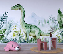 Load image into Gallery viewer, Watercolor Dinosaur Wall Mural – Cute Dino Peel and Stick Nursery Wallpaper – Jungle Baby Room Removable Mural for Kids Bedroom Decor