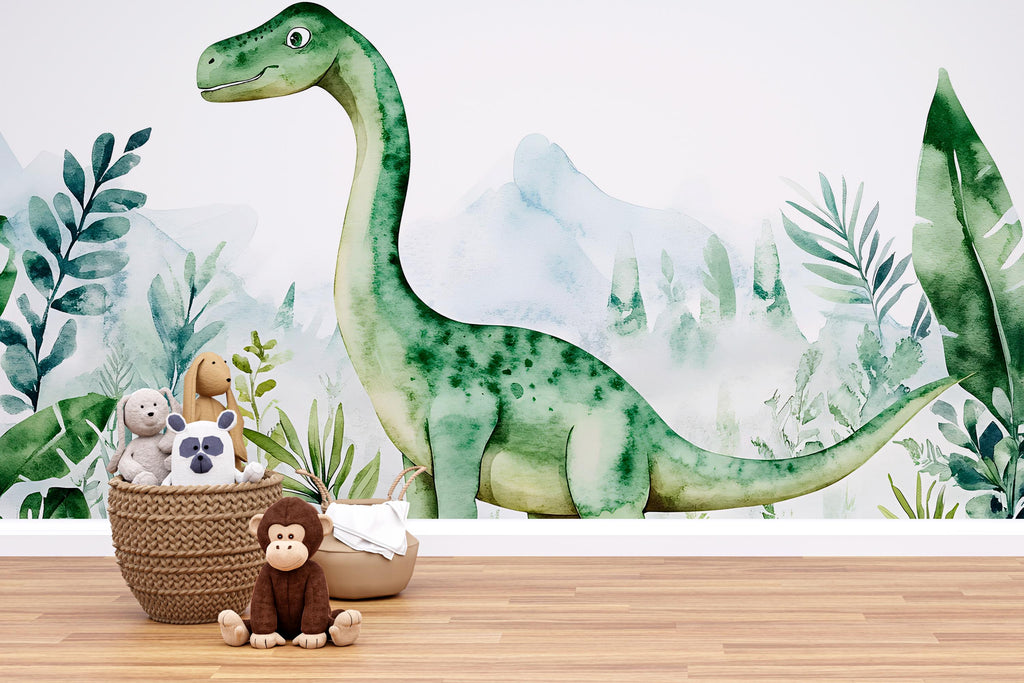 Watercolor Dinosaur Wall Mural – Cute Dino Peel and Stick Nursery Wallpaper – Jungle Baby Room Removable Mural for Kids Bedroom Decor