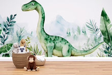 Load image into Gallery viewer, Watercolor Dinosaur Wall Mural – Cute Dino Peel and Stick Nursery Wallpaper – Jungle Baby Room Removable Mural for Kids Bedroom Decor
