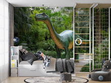 Load image into Gallery viewer, Brontosaurus Dinosaur Wall Mural – Realistic Jungle Peel and Stick Wallpaper – Dino Kids Room Removable Mural for Nursery or Playroom