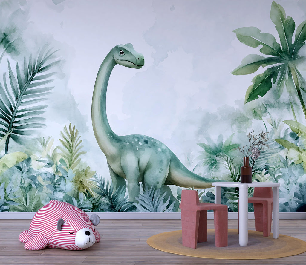 Watercolor Dinosaur Wall Mural – Cute Brontosaurus Peel and Stick Nursery Wallpaper – Jungle Baby Room Removable Mural for Kids Decor