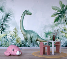 Load image into Gallery viewer, Watercolor Dinosaur Wall Mural – Cute Brontosaurus Peel and Stick Nursery Wallpaper – Jungle Baby Room Removable Mural for Kids Decor