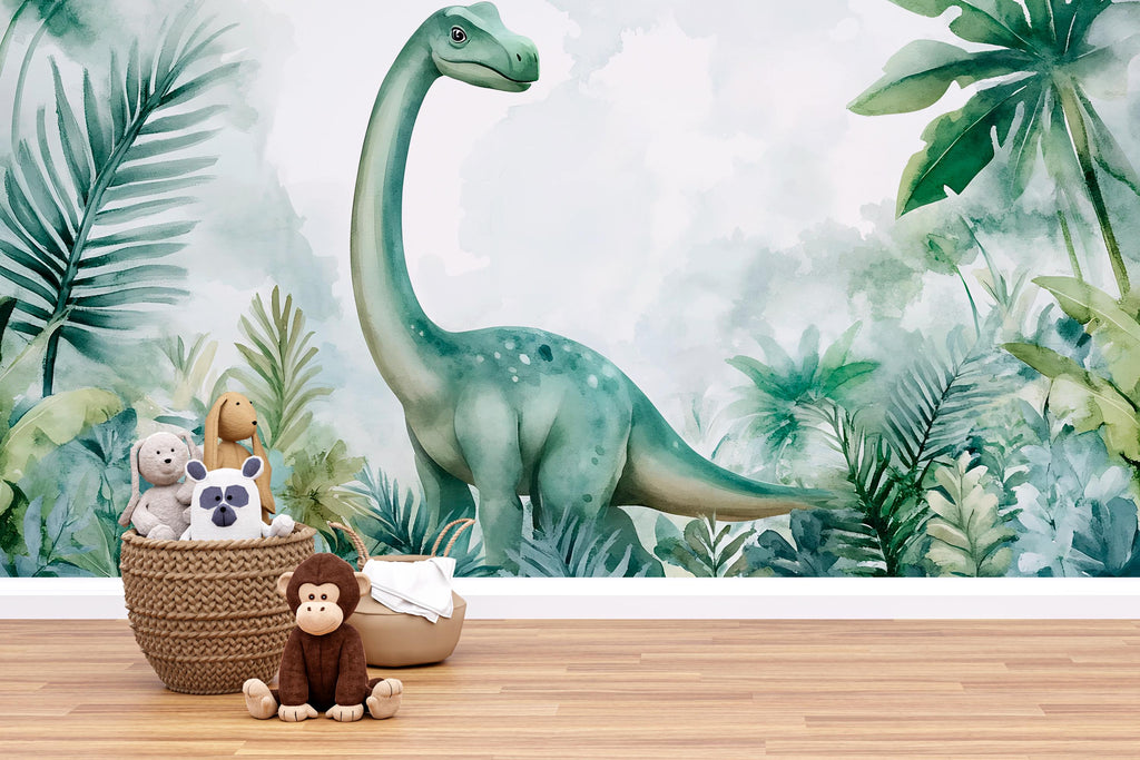 Watercolor Dinosaur Wall Mural – Cute Brontosaurus Peel and Stick Nursery Wallpaper – Jungle Baby Room Removable Mural for Kids Decor
