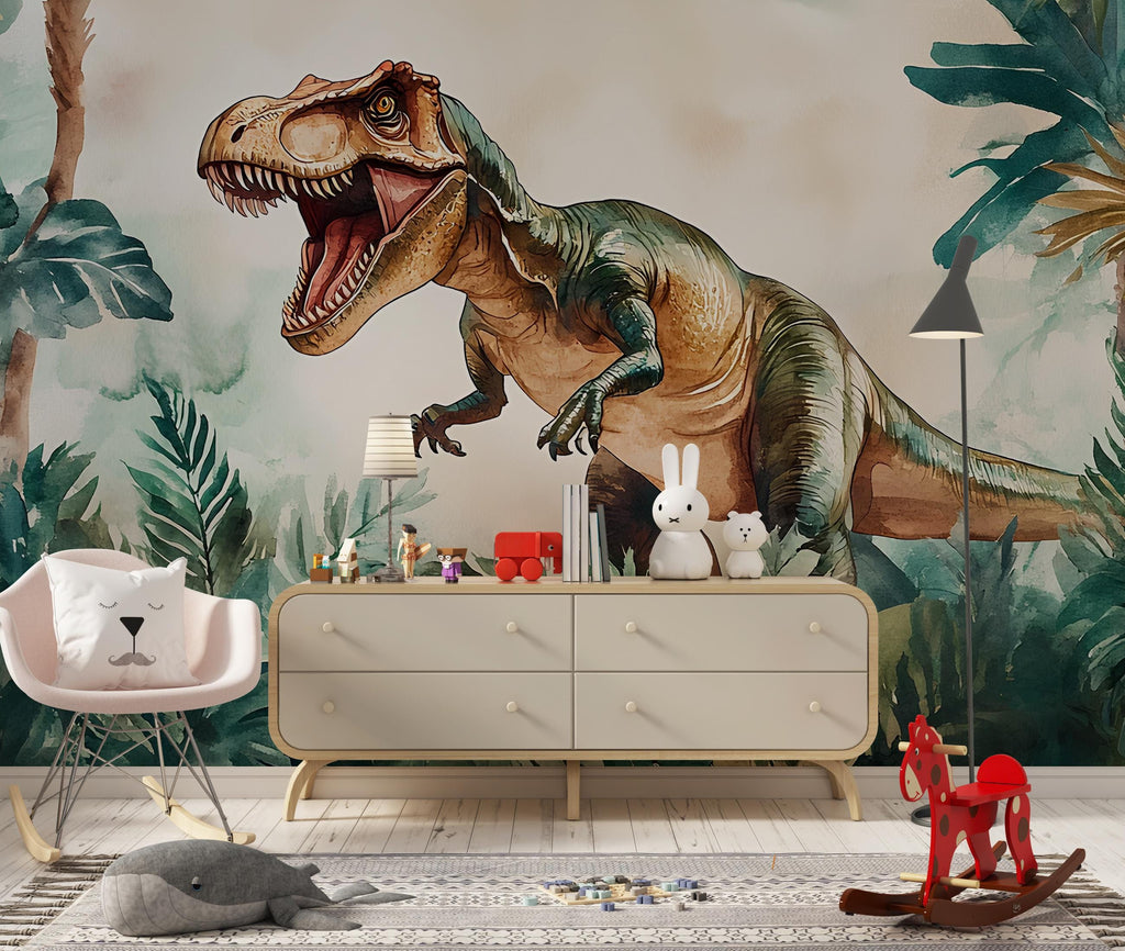 Watercolor T-Rex Wall Mural – Peel and Stick Dinosaur Wallpaper – Jungle Kids Room Removable Mural for Boys Bedroom or Playroom Decor