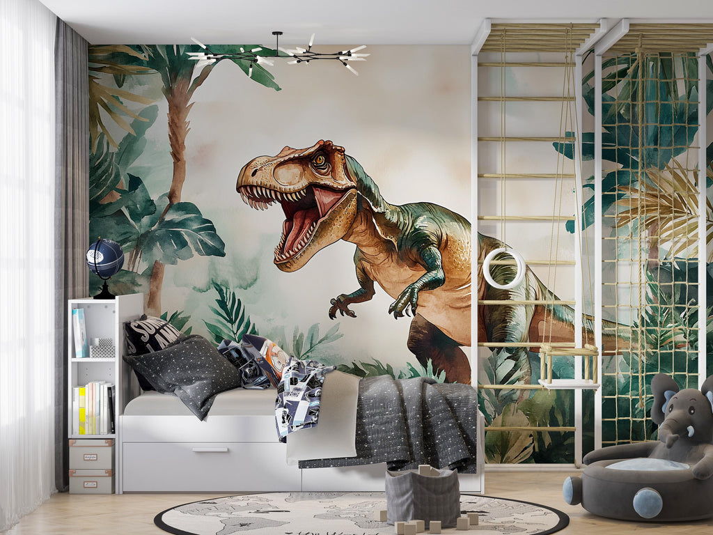 Watercolor T-Rex Wall Mural – Peel and Stick Dinosaur Wallpaper – Jungle Kids Room Removable Mural for Boys Bedroom or Playroom Decor