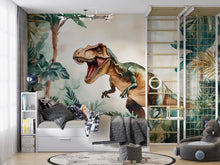 Load image into Gallery viewer, Watercolor T-Rex Wall Mural – Peel and Stick Dinosaur Wallpaper – Jungle Kids Room Removable Mural for Boys Bedroom or Playroom Decor