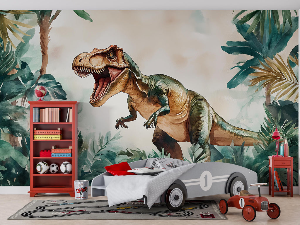 Watercolor T-Rex Wall Mural – Peel and Stick Dinosaur Wallpaper – Jungle Kids Room Removable Mural for Boys Bedroom or Playroom Decor