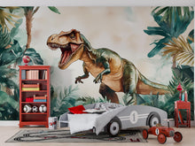 Load image into Gallery viewer, Watercolor T-Rex Wall Mural – Peel and Stick Dinosaur Wallpaper – Jungle Kids Room Removable Mural for Boys Bedroom or Playroom Decor