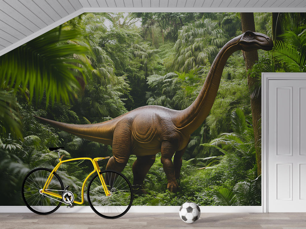 Brontosaurus Wall Mural – Realistic Jungle Dinosaur Peel and Stick Wallpaper – Removable Kids Room Mural for Boys Bedroom or Game Room