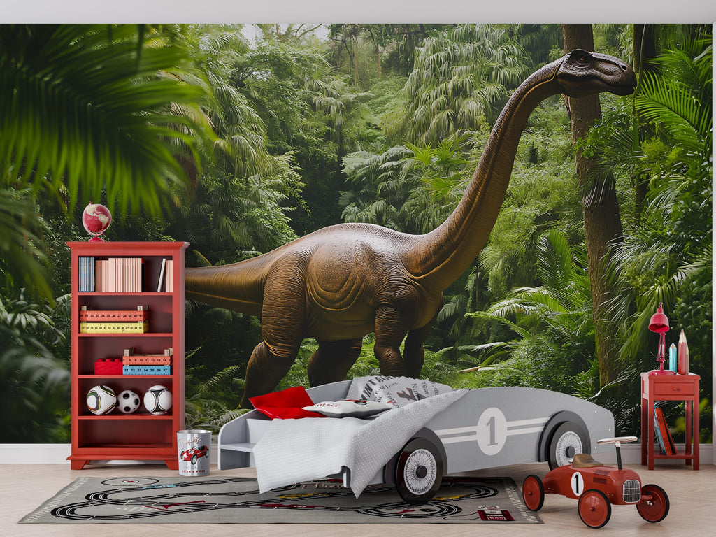 Brontosaurus Wall Mural – Realistic Jungle Dinosaur Peel and Stick Wallpaper – Removable Kids Room Mural for Boys Bedroom or Game Room