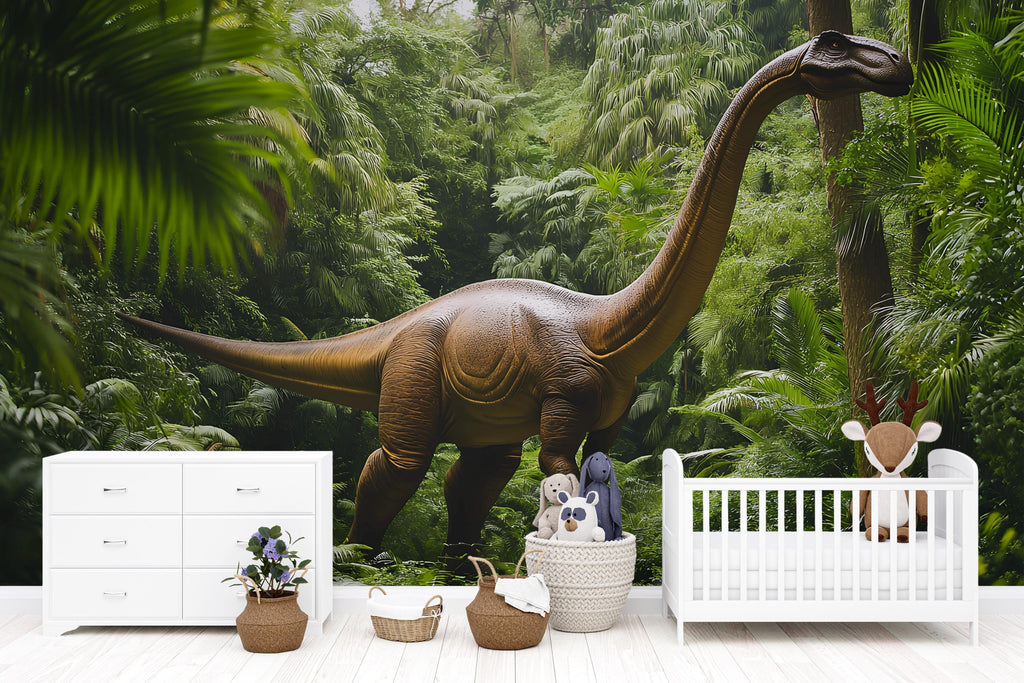 Brontosaurus Wall Mural – Realistic Jungle Dinosaur Peel and Stick Wallpaper – Removable Kids Room Mural for Boys Bedroom or Game Room