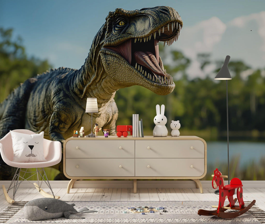 T-Rex Dinosaur Wall Mural – Realistic Peel and Stick Wallpaper for Kids Room – Removable Giant Dino Mural for Nursery or Playroom Decor