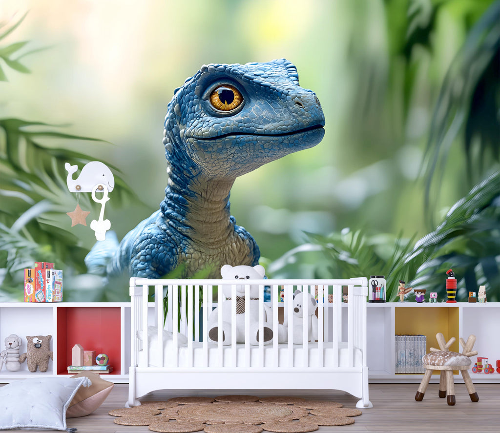 Blue Baby Dinosaur Wall Mural – Realistic Jungle Peel and Stick Wallpaper – Cute Dino Nursery Removable Mural for Kids Room or Playroom