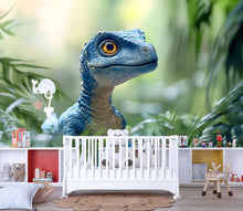 Load image into Gallery viewer, Blue Baby Dinosaur Wall Mural – Realistic Jungle Peel and Stick Wallpaper – Cute Dino Nursery Removable Mural for Kids Room or Playroom