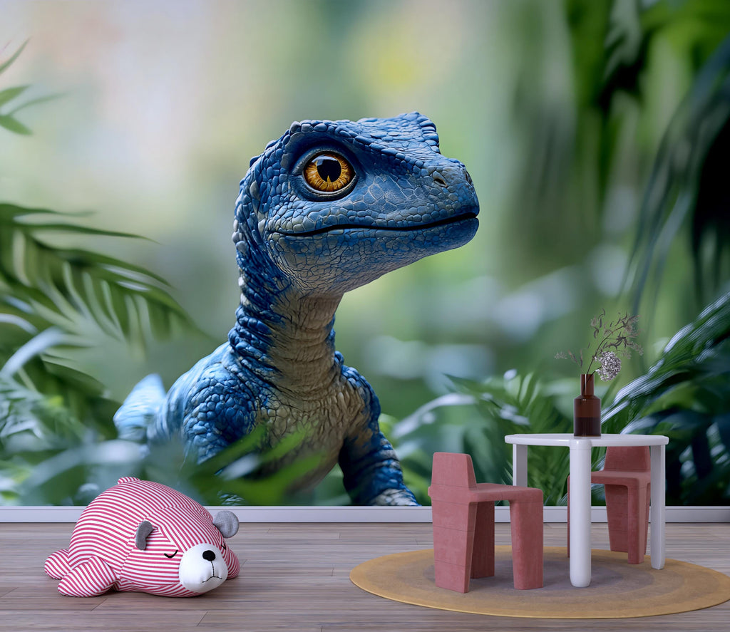 Blue Baby Dinosaur Wall Mural – Realistic Jungle Peel and Stick Wallpaper – Cute Dino Nursery Removable Mural for Kids Room or Playroom