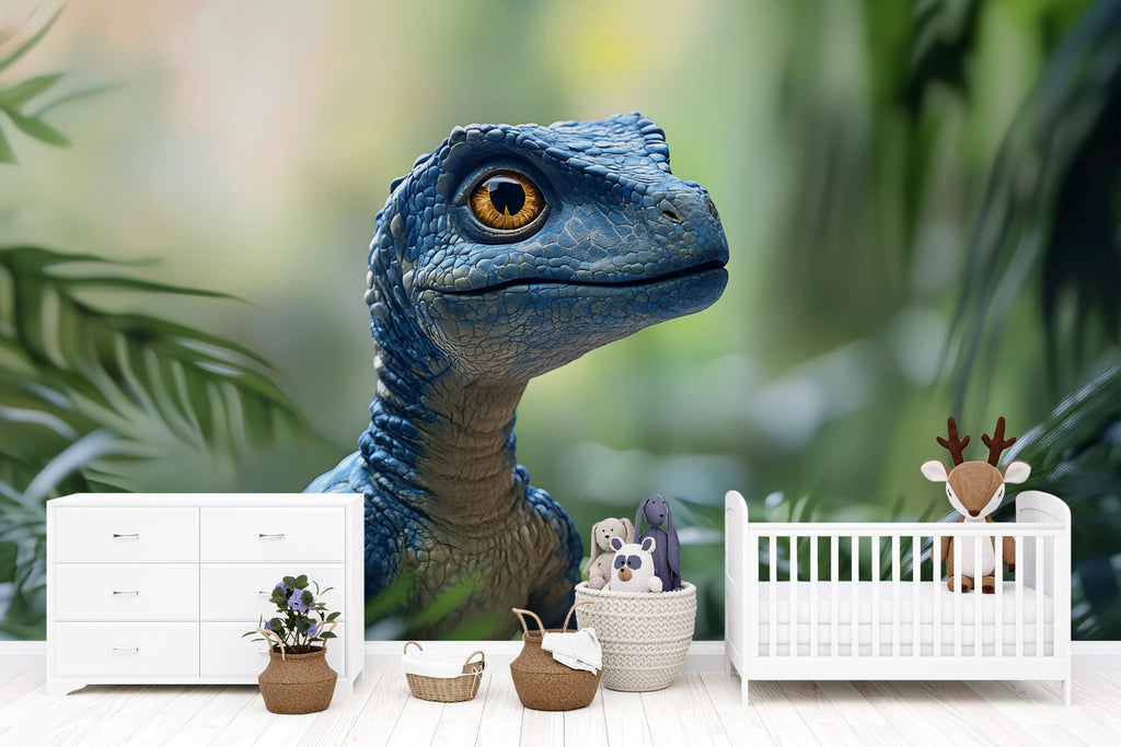 Blue Baby Dinosaur Wall Mural – Realistic Jungle Peel and Stick Wallpaper – Cute Dino Nursery Removable Mural for Kids Room or Playroom