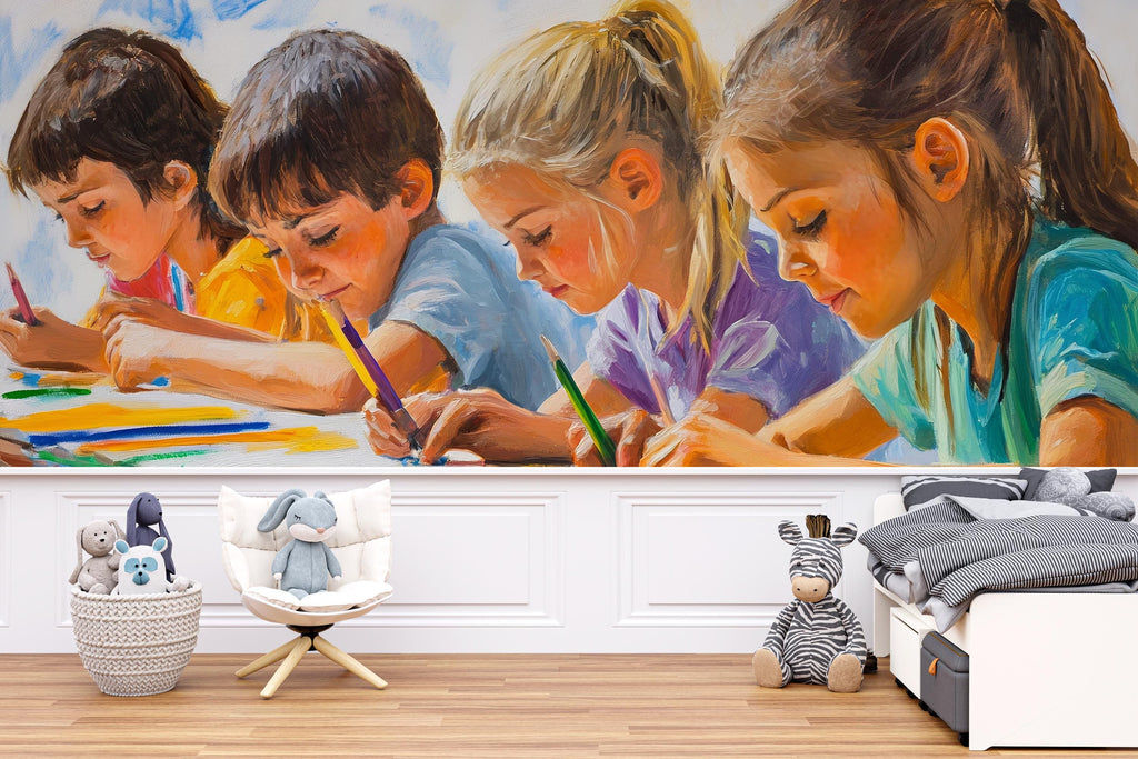 Art Classroom Wall Mural – Colorful Kids Drawing Painting Wallpaper – Educational Peel and Stick Mural for Playroom, School or Daycare