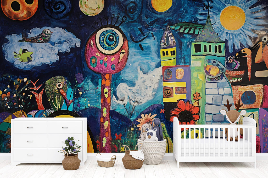Colorful Abstract Kids Wall Mural – Surrealist Peel and Stick Wallpaper – Removable Playroom Mural for Daycare, Preschool or Art Room