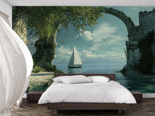Load image into Gallery viewer, 3D Sailboat Wall Mural – Ocean View Nursery Wallpaper | Coastal Modern Decor | Stylish Baby Room Art | Nautical Photo Mural | Sailing Gift