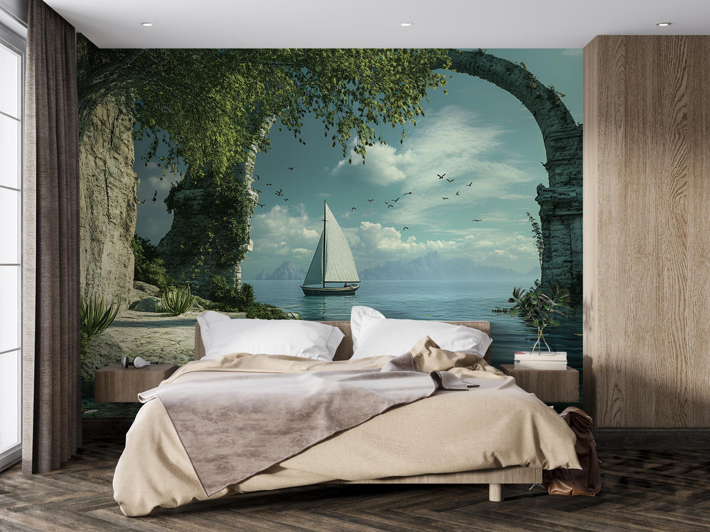 3D Sailboat Wall Mural – Ocean View Nursery Wallpaper | Coastal Modern Decor | Stylish Baby Room Art | Nautical Photo Mural | Sailing Gift