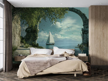 Load image into Gallery viewer, 3D Sailboat Wall Mural – Ocean View Nursery Wallpaper | Coastal Modern Decor | Stylish Baby Room Art | Nautical Photo Mural | Sailing Gift