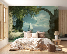 Load image into Gallery viewer, 3D Sailboat Wall Mural – Ocean View Nursery Wallpaper | Coastal Modern Decor | Stylish Baby Room Art | Nautical Photo Mural | Sailing Gift