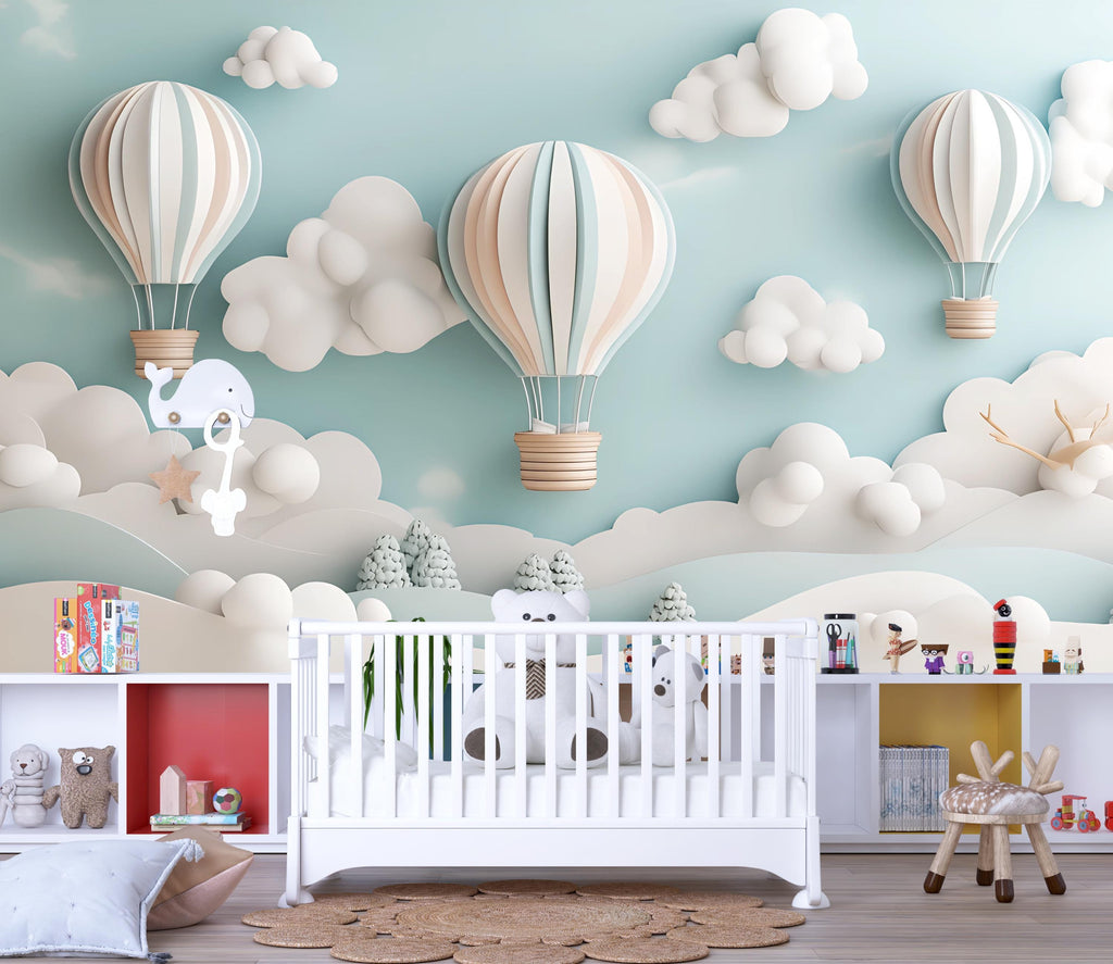 3D Hot Air Balloon Wall Mural – Gender Neutral Cloud Nursery Wallpaper – Baby Shower or Birthday Gift – Dreamy Sky Baby Room Decor