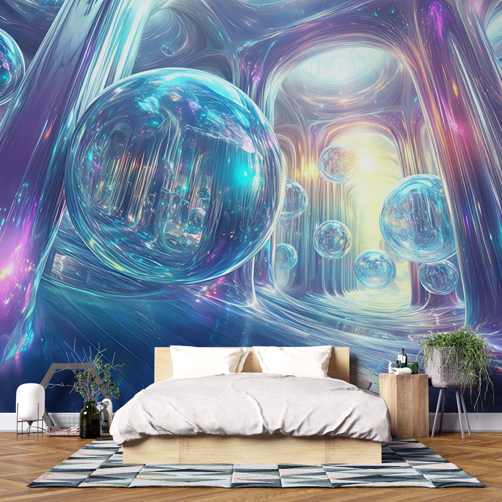 3D Futuristic Glass Bubble Wall Mural | Modern Stylish Room Decor | Luxury 3D Effect Wallpaper | Unique Art Wallcovering | Living Room