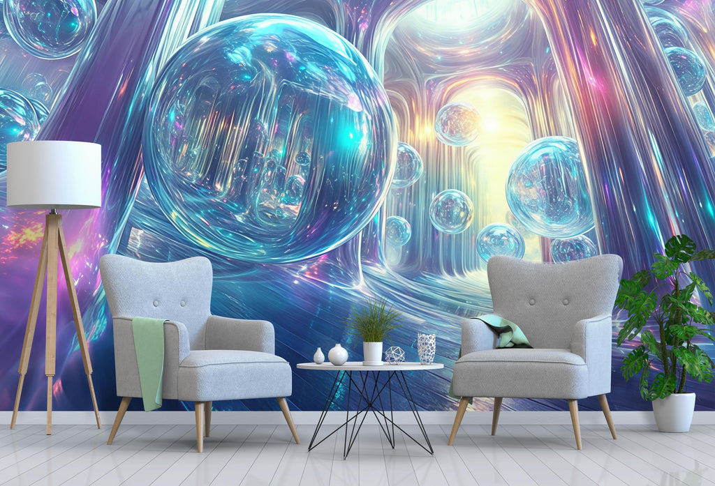 3D Futuristic Glass Bubble Wall Mural | Modern Stylish Room Decor | Luxury 3D Effect Wallpaper | Unique Art Wallcovering | Living Room