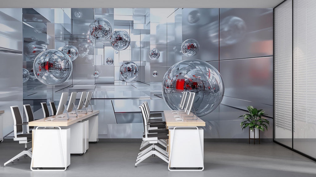 3D Futuristic Mirror Sphere Office Mural - Modern Abstract Decor - Stylish Wall Art for Home Office, Study, Business Spaces - Unique Birthda