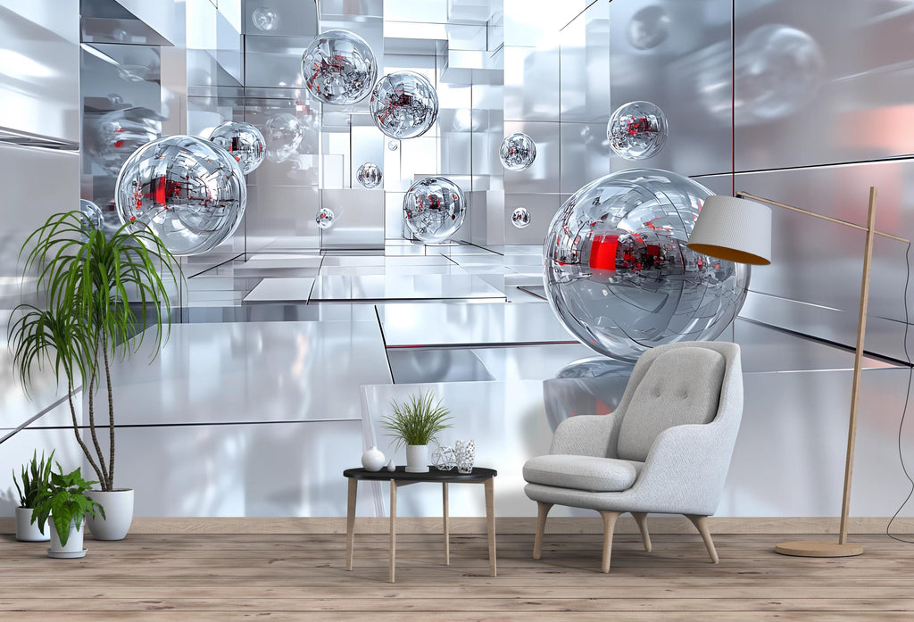 3D Futuristic Mirror Sphere Office Mural - Modern Abstract Decor - Stylish Wall Art for Home Office, Study, Business Spaces - Unique Birthda