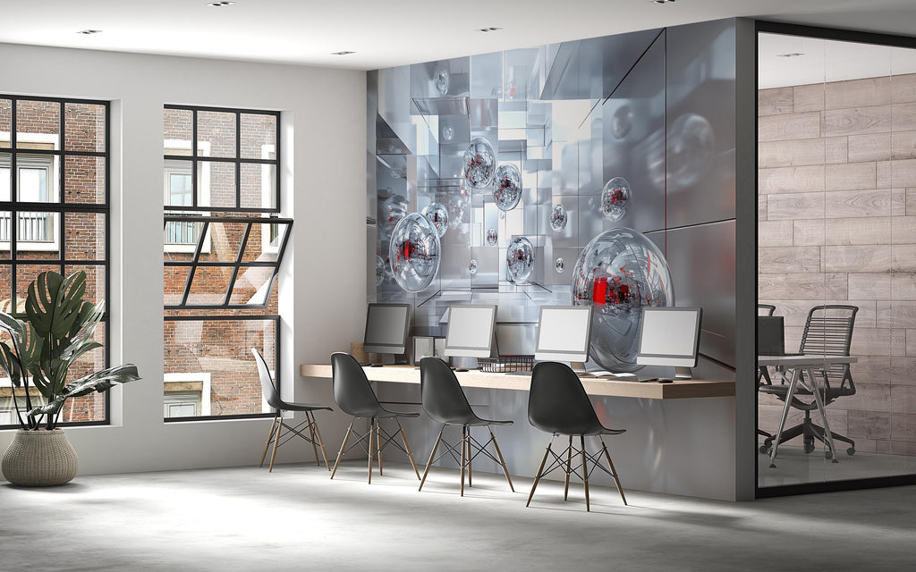 3D Futuristic Mirror Sphere Office Mural - Modern Abstract Decor - Stylish Wall Art for Home Office, Study, Business Spaces - Unique Birthda