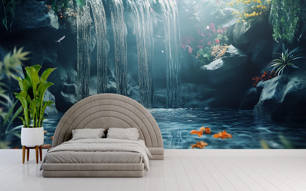 3D Waterfall Koi Pond Bedroom Mural - Tranquil Nature Wall Art - Modern Home Decor for Relaxation - Stylish Gift for Birthday or Holidays