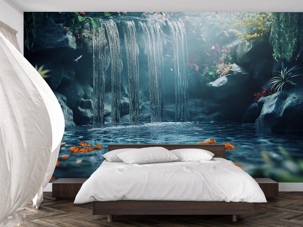 3D Waterfall Koi Pond Bedroom Mural - Tranquil Nature Wall Art - Modern Home Decor for Relaxation - Stylish Gift for Birthday or Holidays